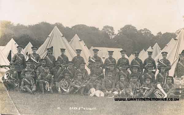 <p>Band of the 5th Royal Sussex Regiment WW1, William Sands maybe 4th from right front row
